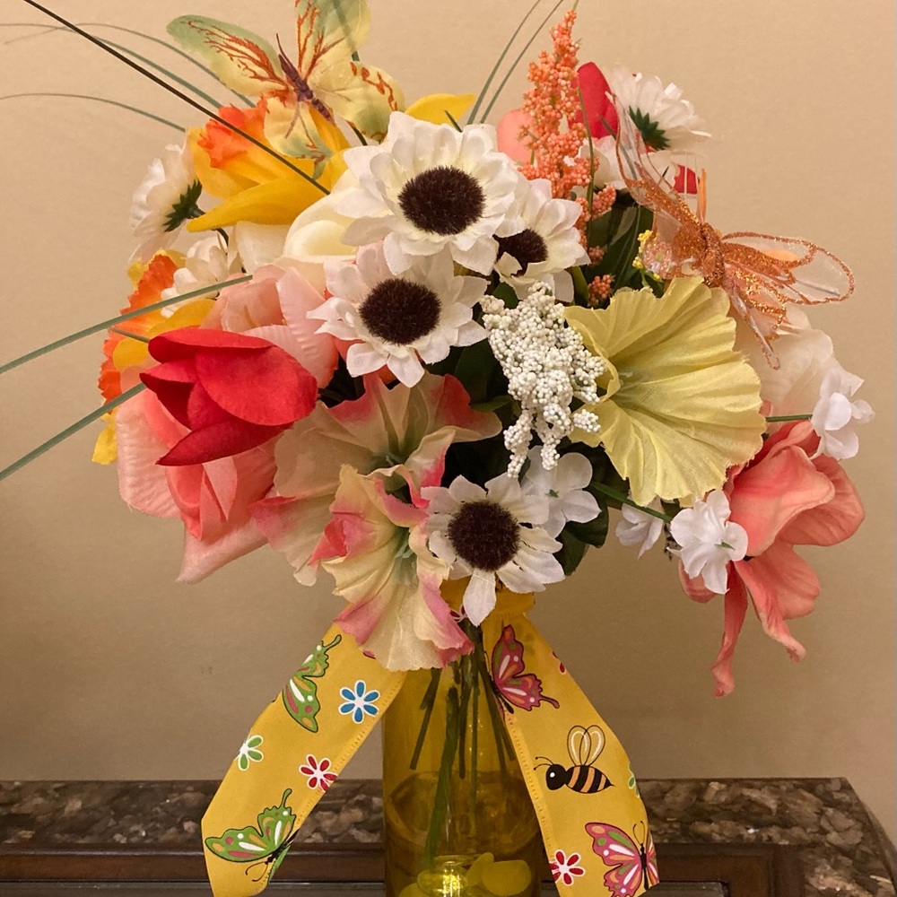 Spring Flower Arrangement. Yellow and Orange with cute Butterfly Accents